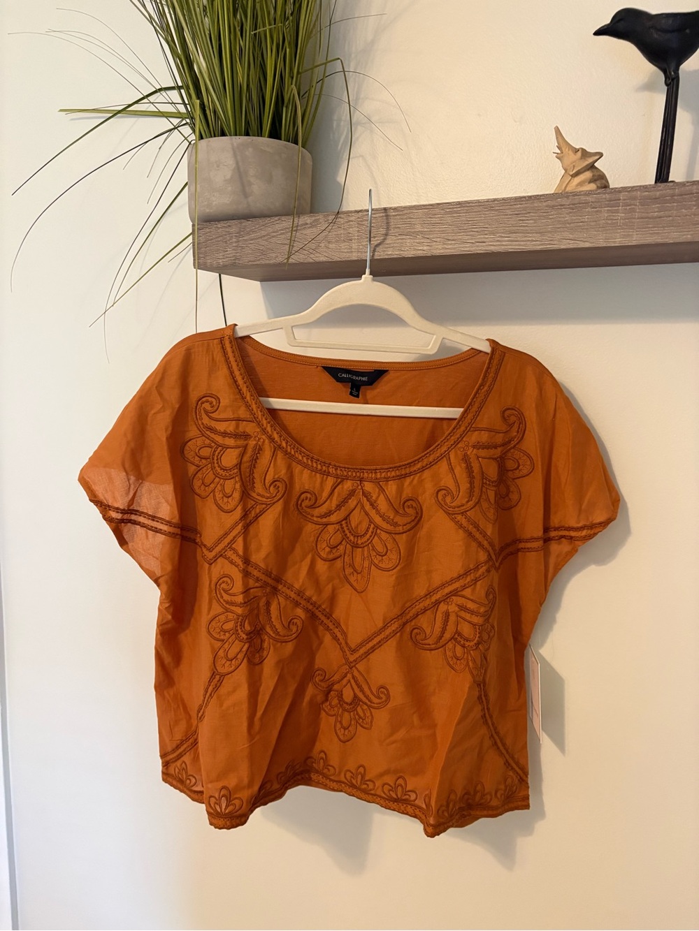 Embroidered boho burnt Orange Scoop-Neck Blouse cotton nwt L